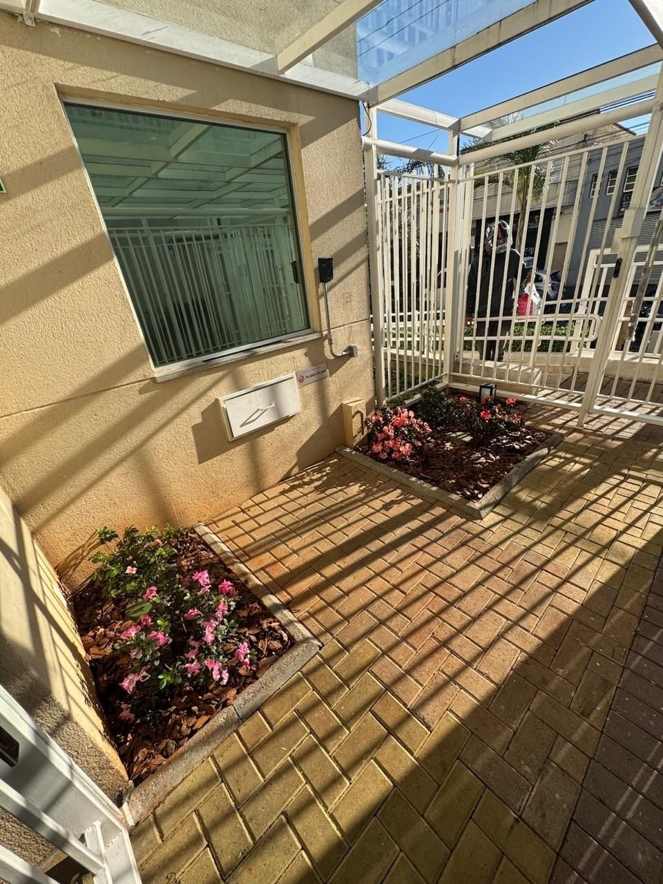 Dois canteiros de flores cor-de-rosa no piso de bloquete da entrada de um prédio