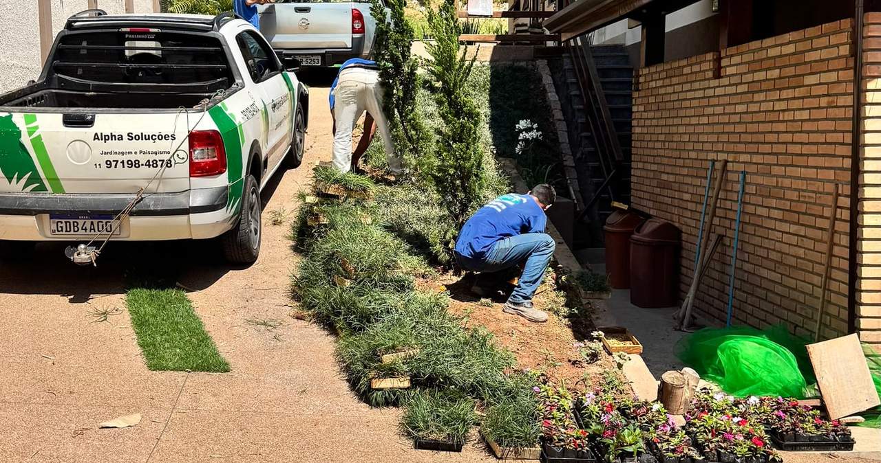 Caminhão da Alpha Soluções e equipe plantando um canteiro de flores em uma rua arborizada