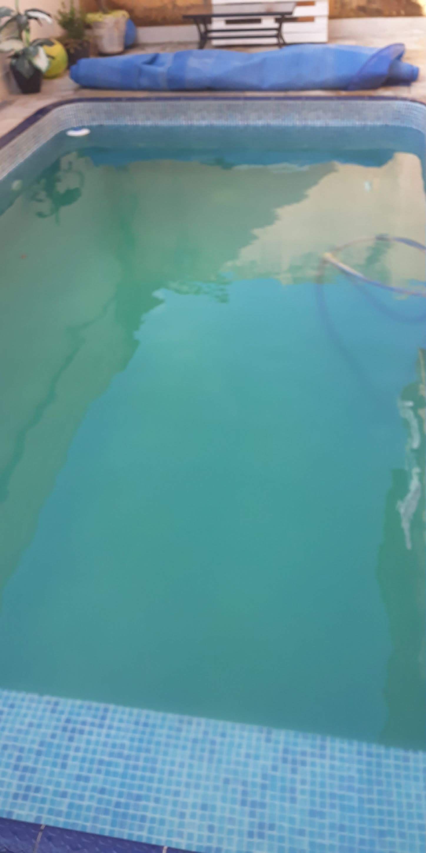 Antes: piscina com água verde e turva