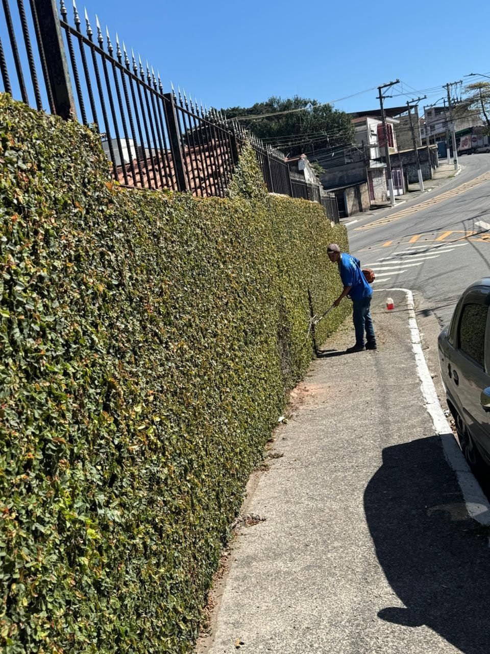 Funcionário da Alpha aparando a cerca-viva que cobre o muro na subida de uma rua